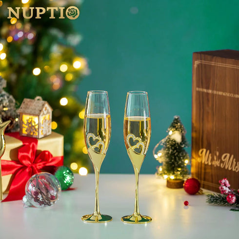 Crystal Champagne Flutes with Set of 2  Champagne Glasses with Wooden Gift Box